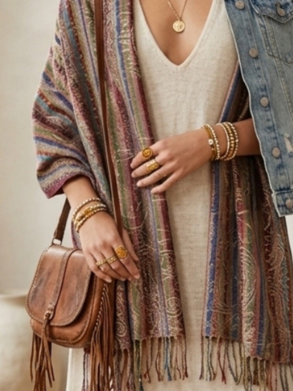 Multicolor Cashmere Lurex Scarf Boho Geometric Metallic Fringe